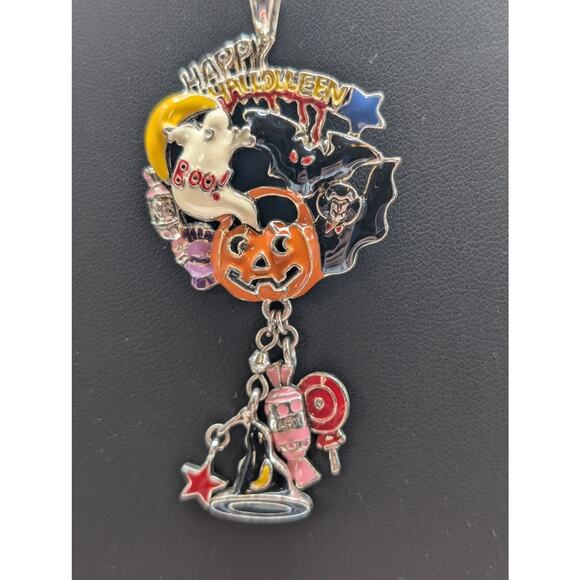 Happy Halloween Pumpkin Boo Ghost Bat Vampire Enamel Silver Tone 17" Necklace - Picture 4 of 4